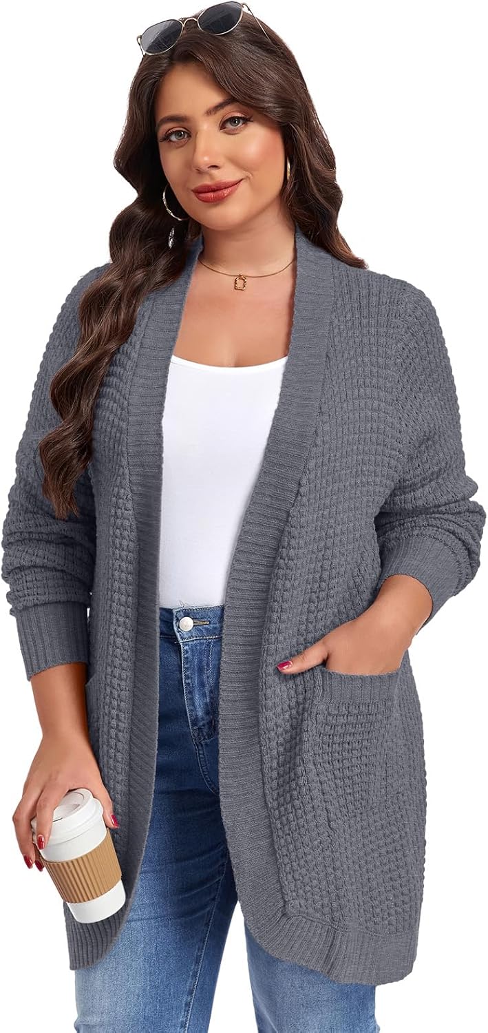 LARACE Long Cardigans for Women Plus Size Tops Open Front Sweaters with Pockets Waffle Ribbed Sleeve Loose Fall Outwear - Image 2
