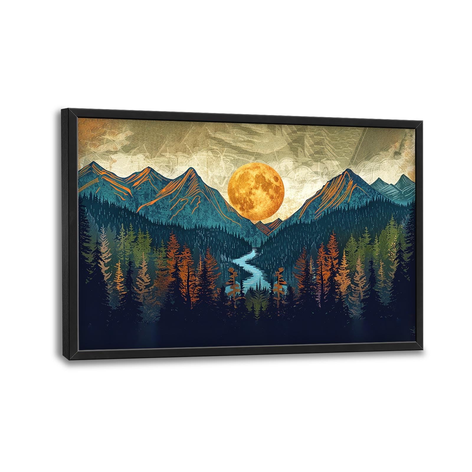 Quorin Boho Mountain Large Wall Art Mountain Landscape Pictures Moon Pine Tree Forest Lake Wall Decor Nature Canvas Print Painting Artwork for Bathroom Living Room Bedroom 36L x 24W