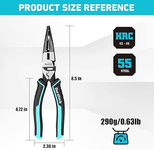 Miniatura 6 de DURATECH Alicates de punta de aguja 6 en 1, alicates de punta larga multiusos de 8.5 pulgadas con función de pelacables, crimpadorcortador, alicates