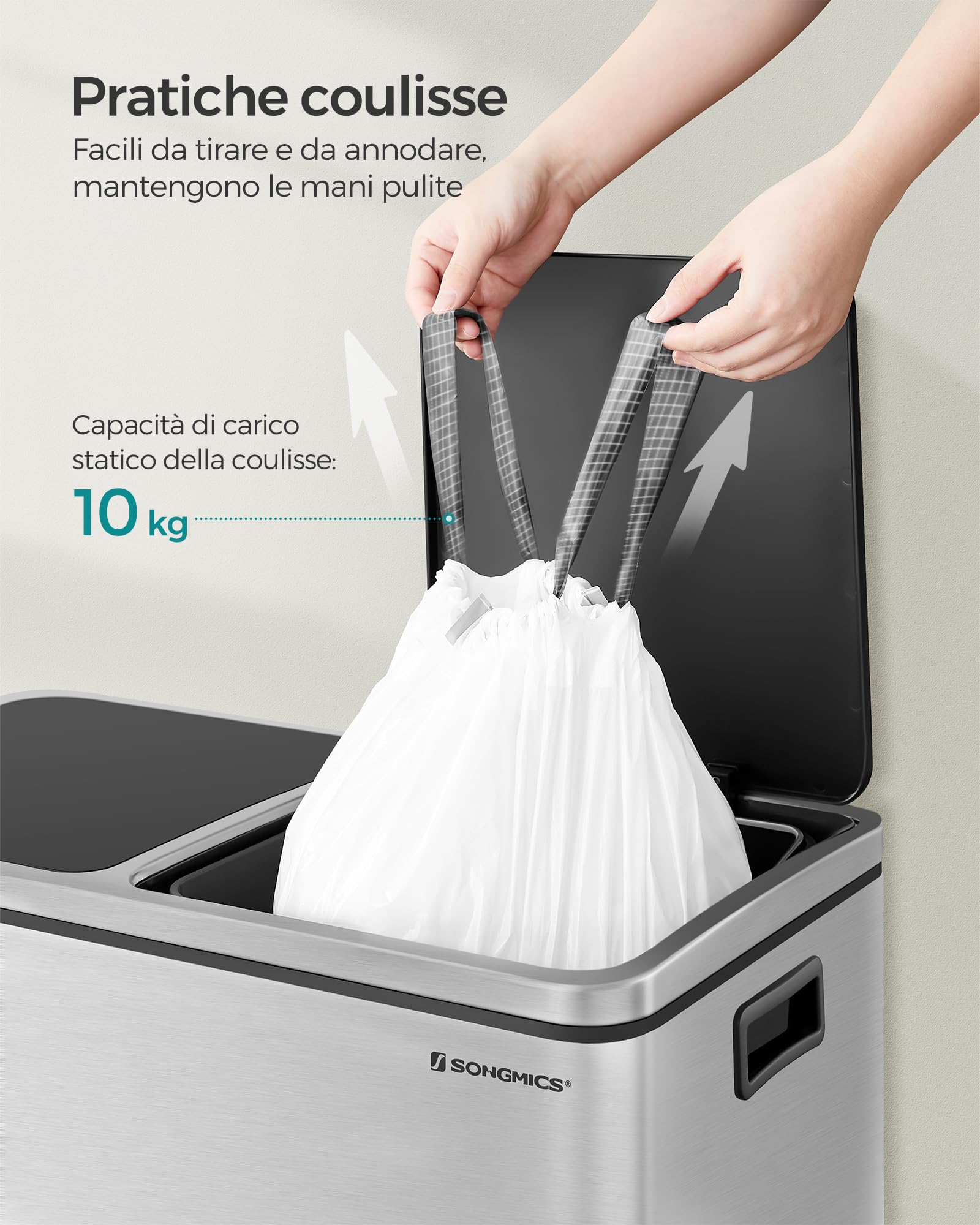 SONGMICS Sacchi Spazzatura, Sacchetti per Immondizia con Manici a Cordoncino, Sacchi per Pattumiere da Cucina da 30L, Pre-separati, Codice 30A, 2 Rotoli, 90 Pezzi, Bianco KRB30A02