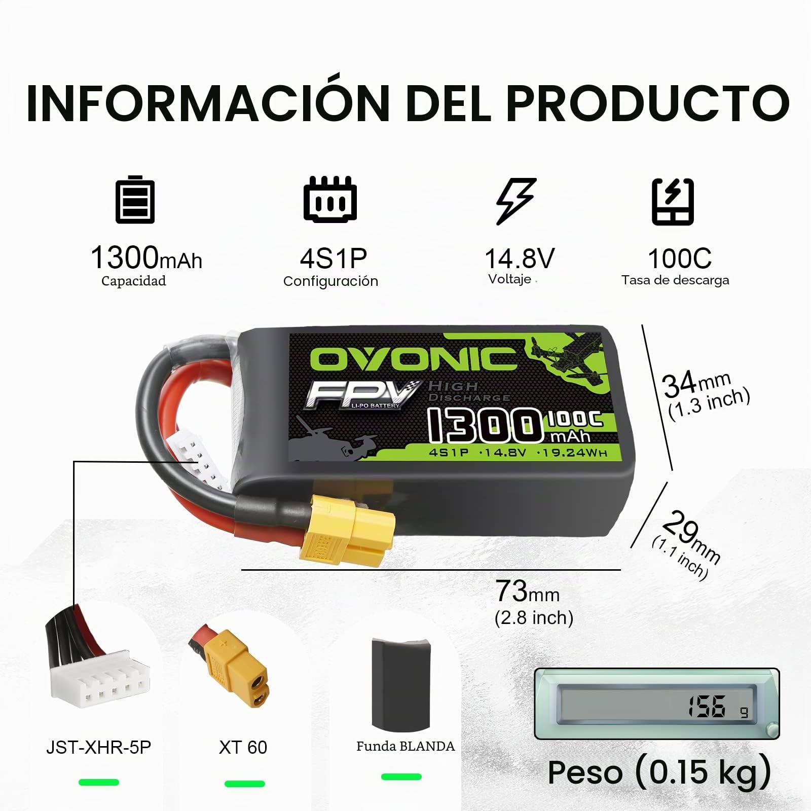 OVONIC 4s Batería Lipo 1300mAh 100C 14.8V FPV Batería con Conector XT60 para FPV Racing RC Quadcopter Helicóptero Avión Multimotor Hobby Piezas de Bricolaje（2 Packs）