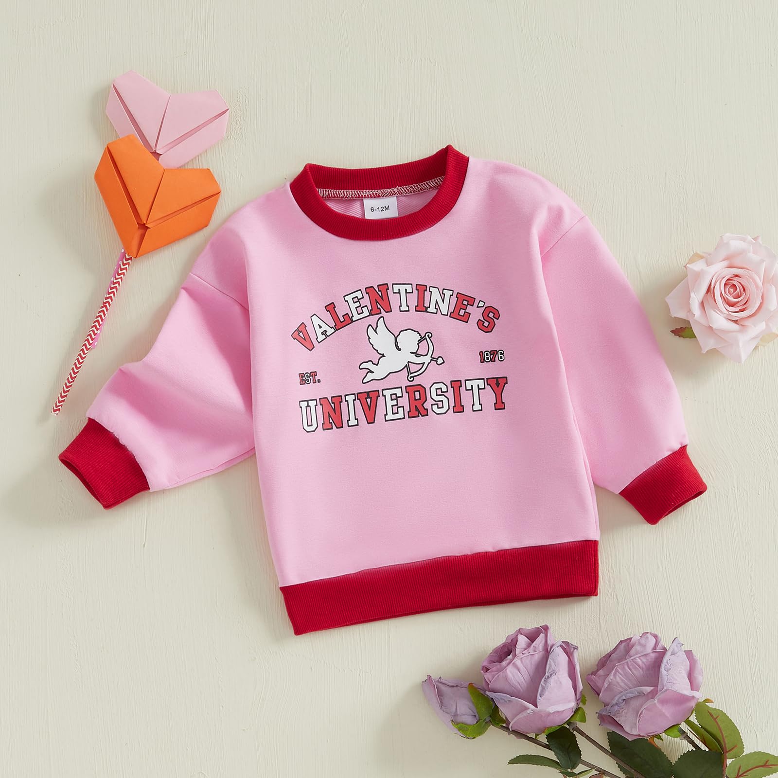 GINEVSAL Little Boy Girl Valentine's Day Sweatshirt Letter Print Long Sleeve Round Neck Pullover Sweater Loose Tops (Pink, 12-18 Months)
