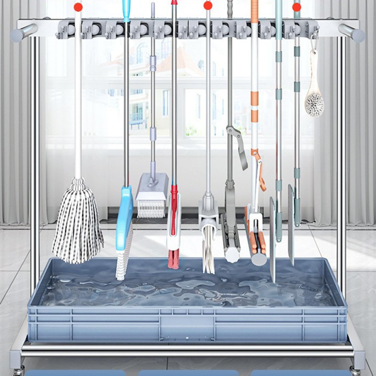 Soporte para, Soporte para Escoba, Organizador, Soporte para Herramientas, Acero Inoxidable, Montaje Extraíble para Organización de Garaje, Co, Contener 10 Trapeadores