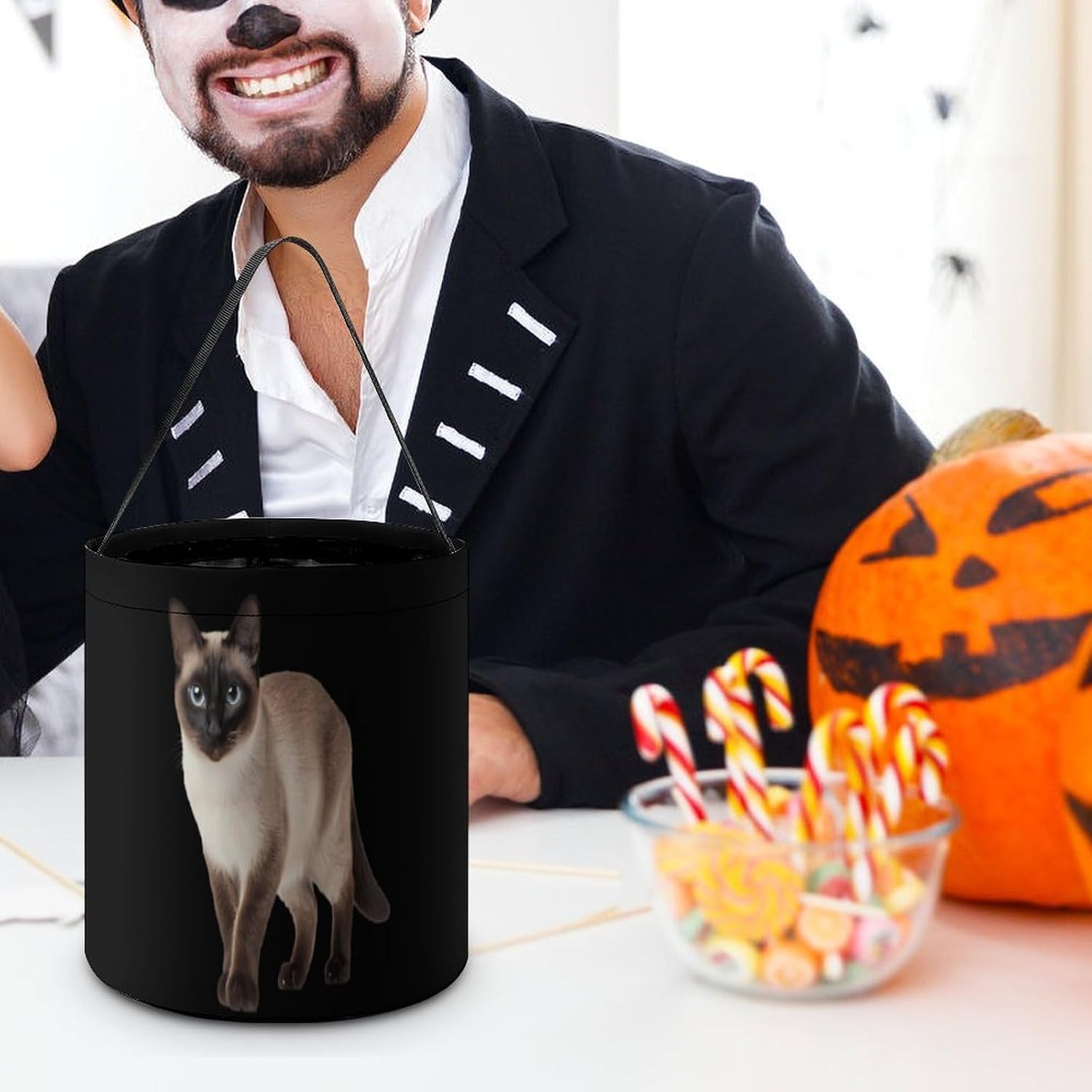 Cute Siamese Cat Halloween Treat Bag Reusable Candy Basket Tote Goody Bags Gift Party
