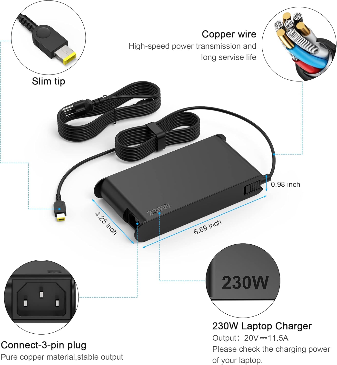 ​Newest Slim 20V 11.5A 230W Legion 5 Charger Compatible with Lenovo Legion 5 7 Y540 Y545 Y730 Y740 Y900 Y910 Y7000 Thinkpad P51 P52 P53 P71 P72 P73 ADL230NLC3A ADL230NDC3A 01FR046 01FR044 AC Adapter