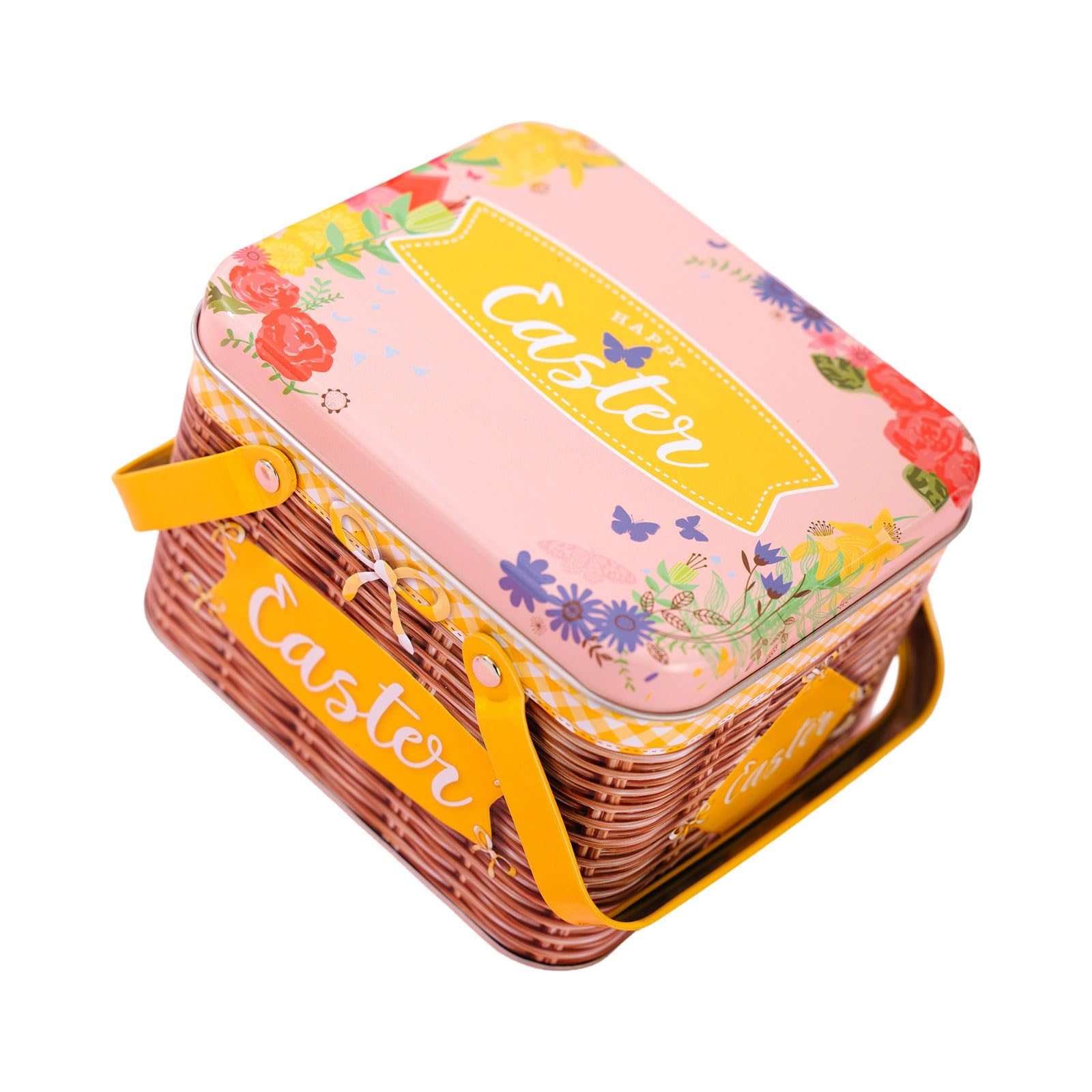 Jazuaiao Decorative Easter Metal Basket Tinplate Box for Holiday Treats and Small Items Home Organization Supplies Easter Decorative Storage Box