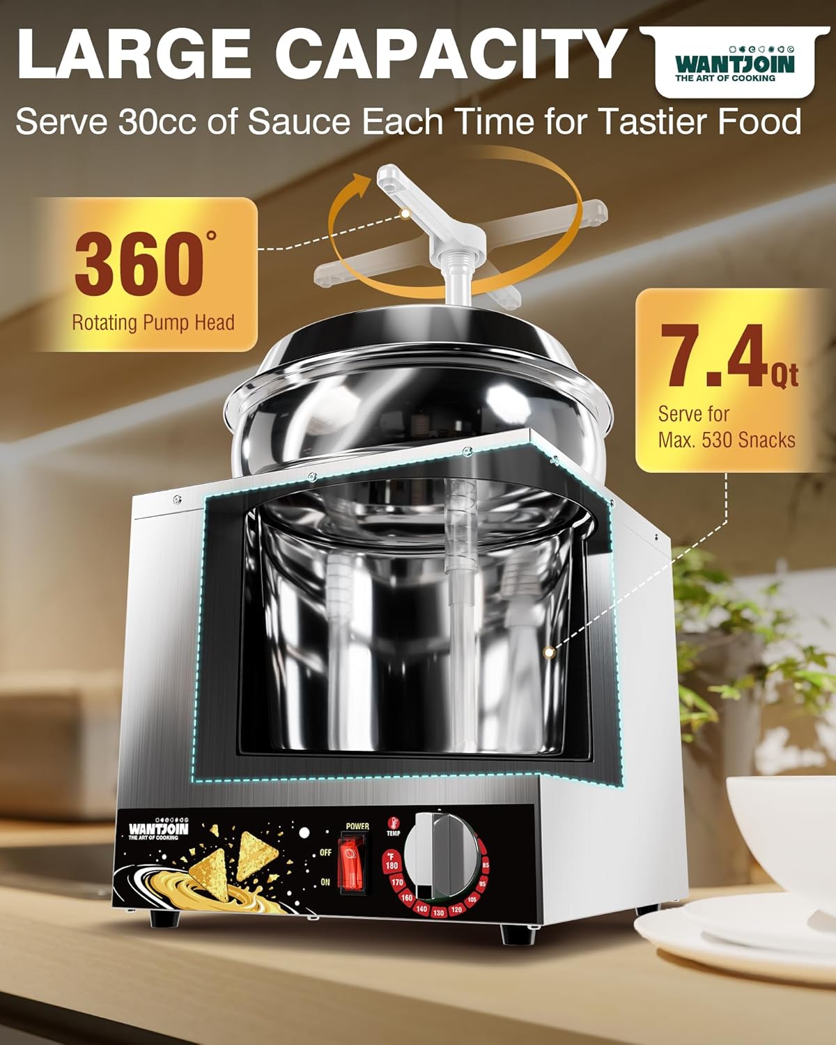 wantjoin nacho cheese dispenser with pump - 7.4qt nacho cheese warmer commercial hot fudge dispenser w/5-level temperature adjustment for stainless steel hot fudge warmer, cheese caramel