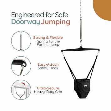 Jolly Jumper Iconic Doorway Baby Jumper - Black | Original Doorway Baby Jumper, Indoor Exercise Saddle Seat, Adjustable Height, for Infants up to 28lbs, No Stand Required