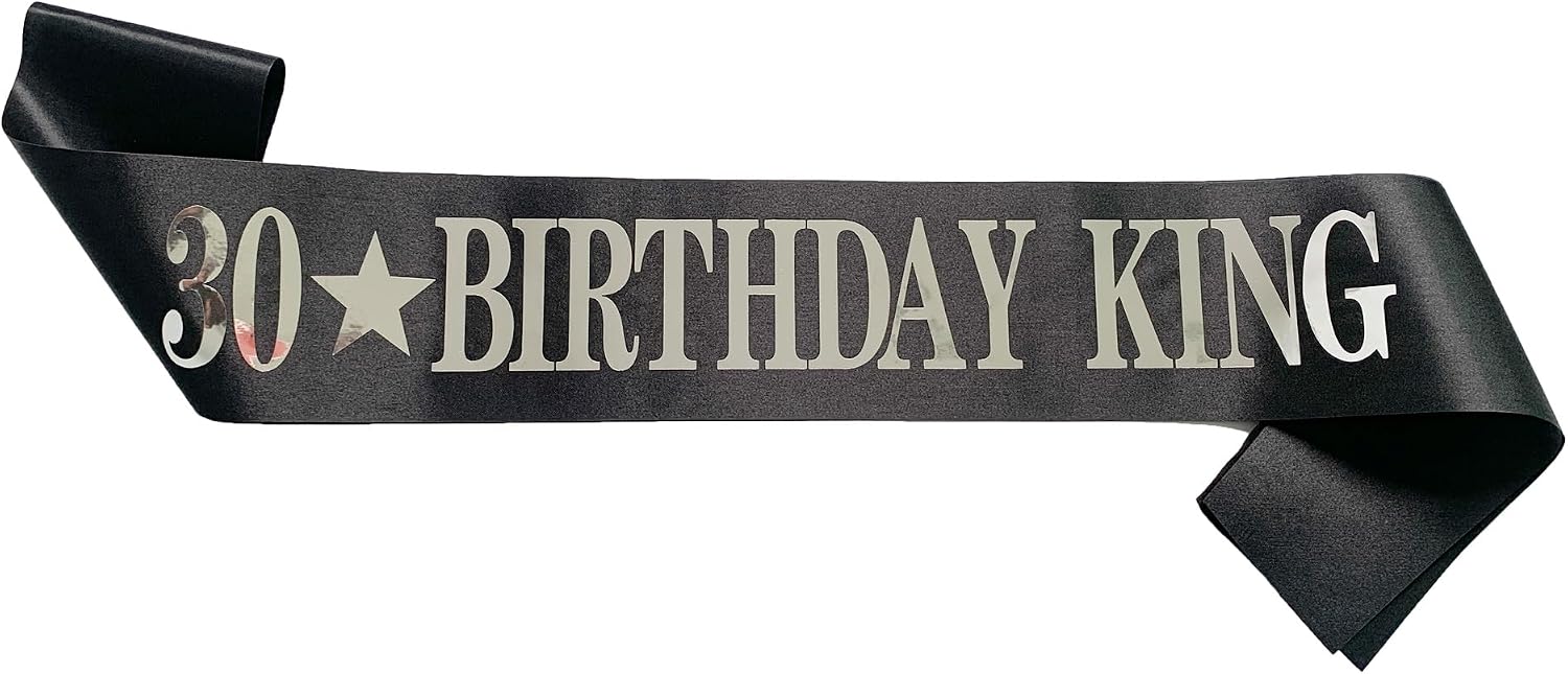 30th Birthday Sash, '30 BIRTHDAY KING' Birthday Sash for men Black Sash with Silver Foil Letter 30th Birthday sash for men Party Decorations Favors Black Silver