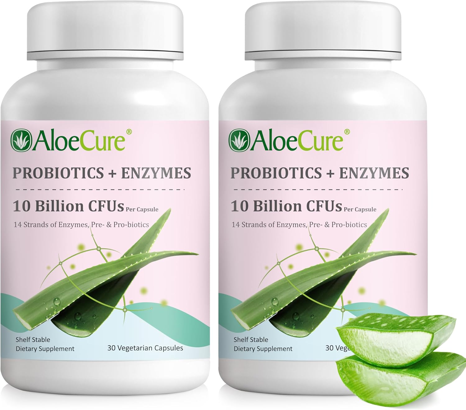 AloeCure Daily Probiotics 10 Billion CFU for Digestive Support 8 Strains, 6 Prebiotics & Enzymes - Digestive Supplement with Bromelain for Women & Men - Gut Support, Digestive Relief, 30 Caps x 2btls
