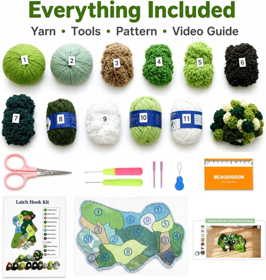beausougon DIY 3D Moss Rug Latch Hook Kit, Forest Greenery Carpet Making with Color Printed Canvas, Multi-Texture Yarn & Tools, Handmade Tufting Embroidery Art for Beginners & Adults