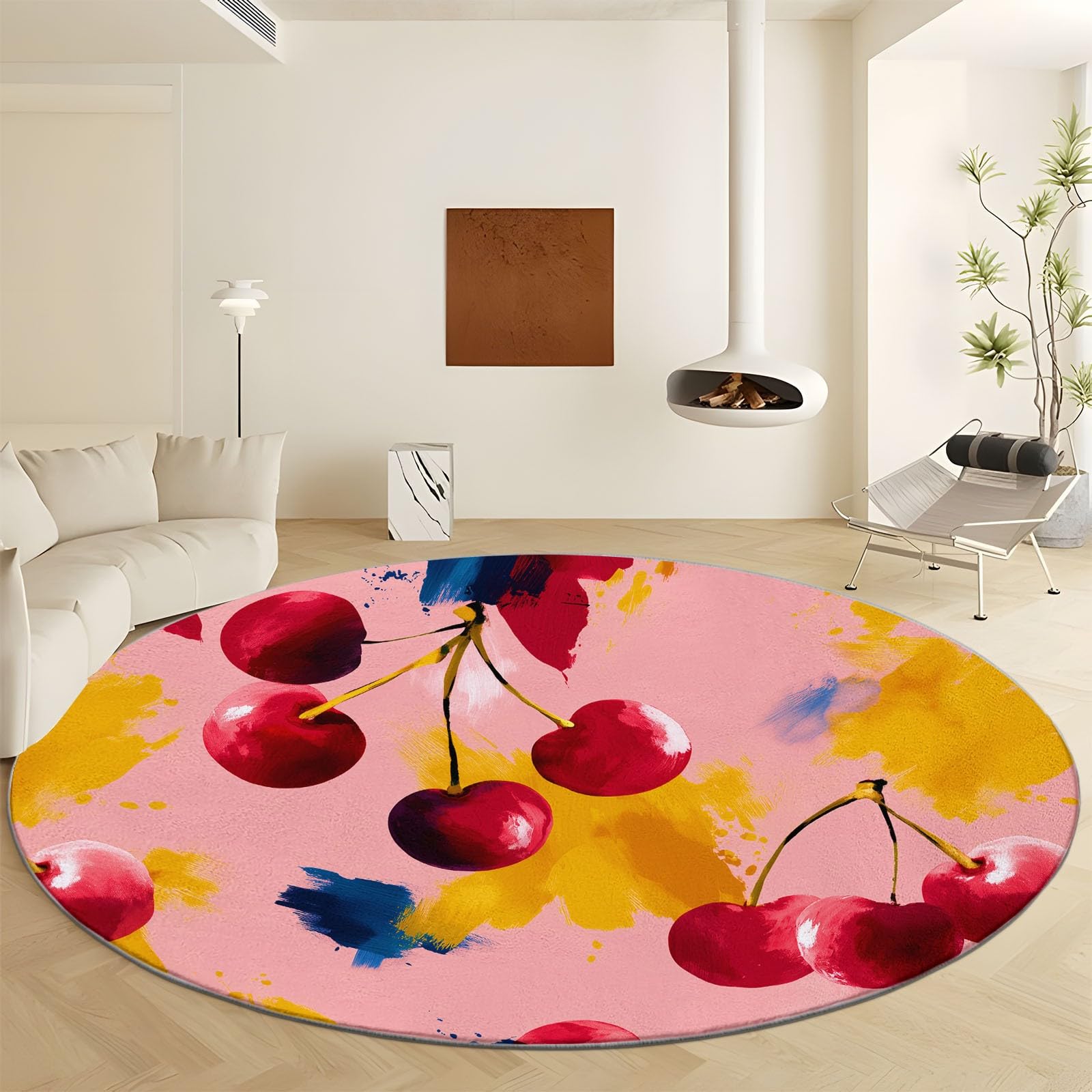 Tapis rond rose corail doux au toucher avec finitions soignées style abstrait 80 cm