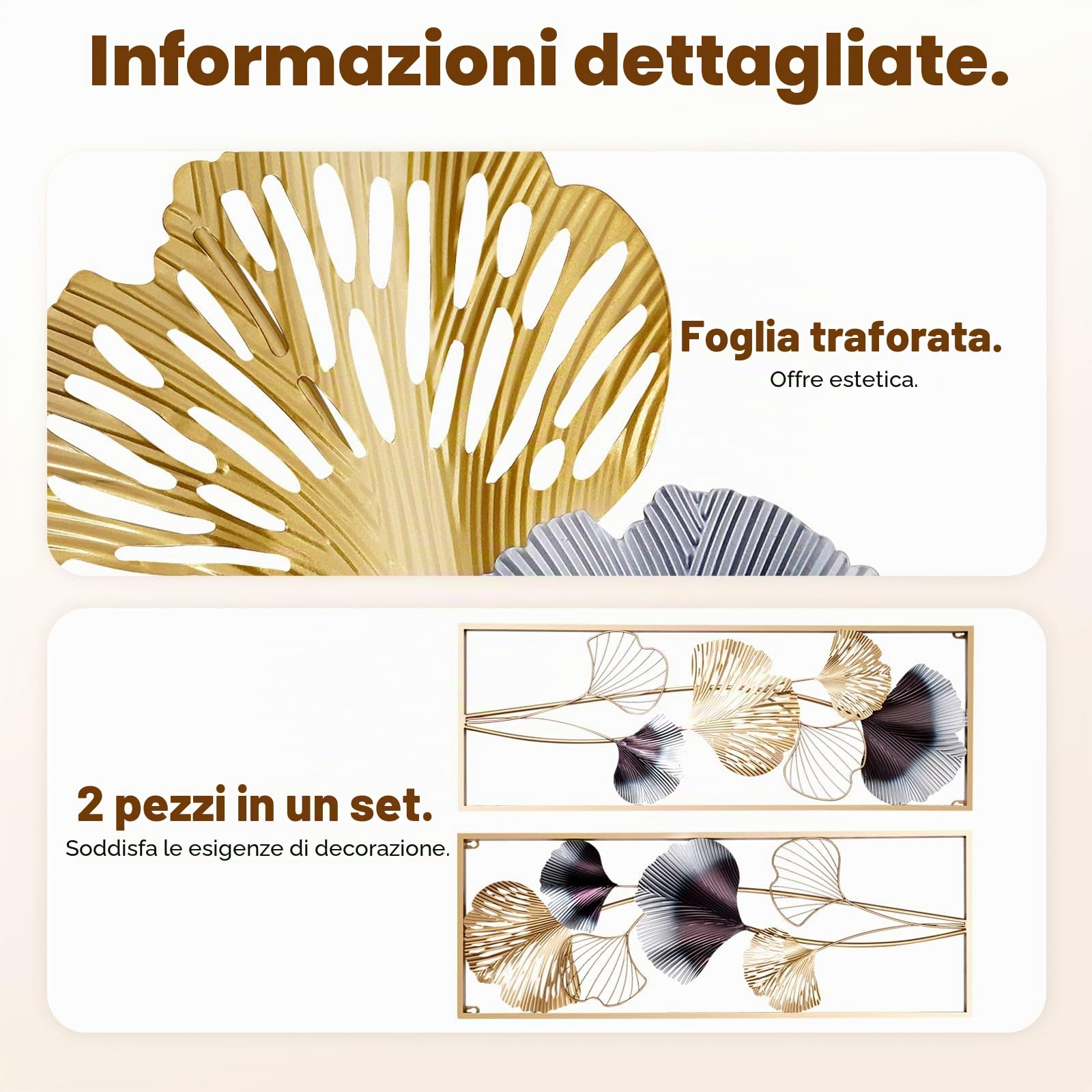 HazLope Set da 2 decorazioni da parete in metallo con foglie di ginkgo, quadro da parete con foglie di ginkgo, scultura da parete, ornamento da parete, appendiparete con cornice lunga e foglia di