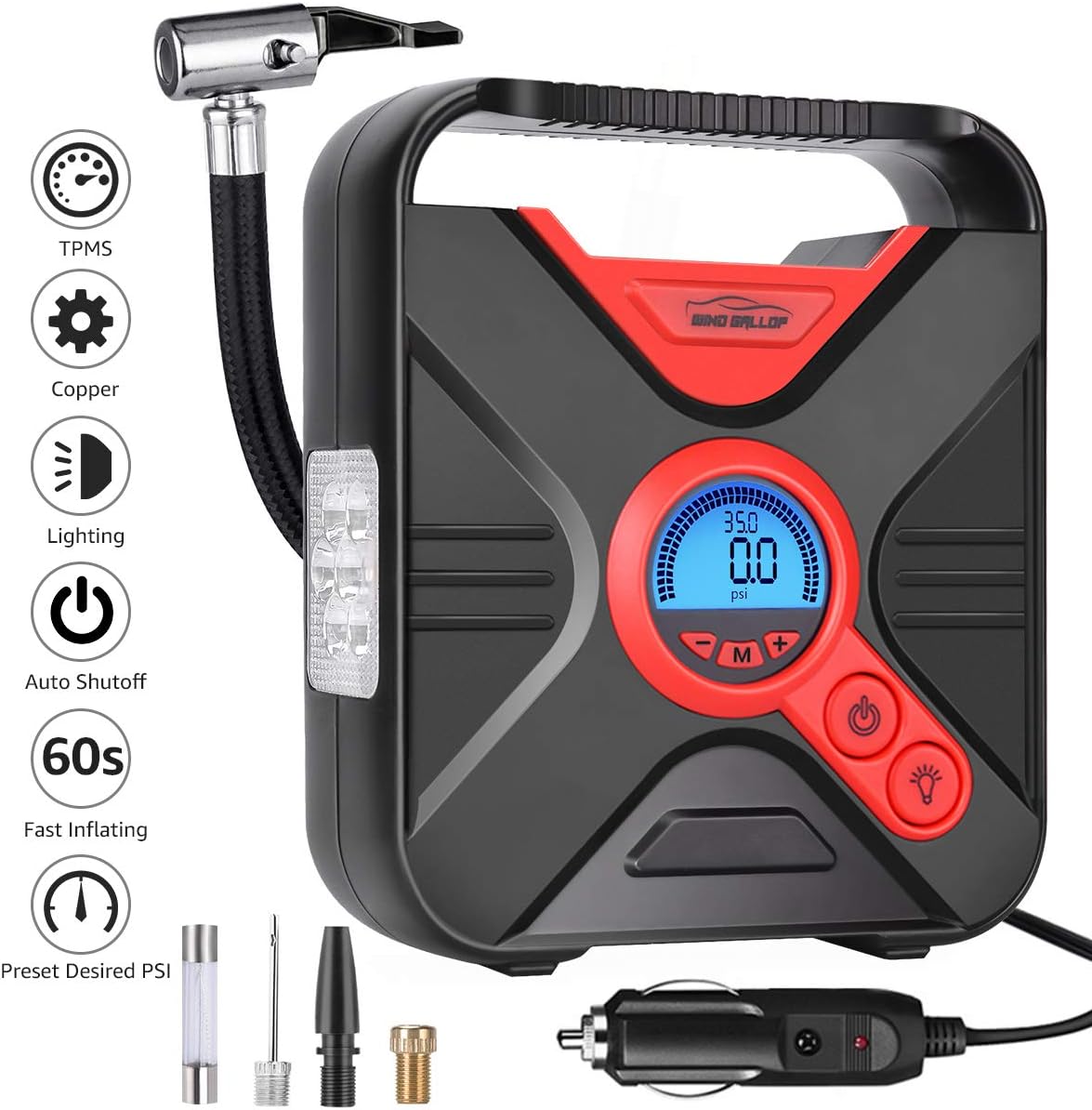 Portable AIR Compressor Tire Inflator WindGallop Car Air Pump with Digital Preset Pressure Gauge Auto Shut Off DC 12V Extra Valve Adaptors LED Light For Car Tyre Basketball Motorbike Bicycle Pool Toys