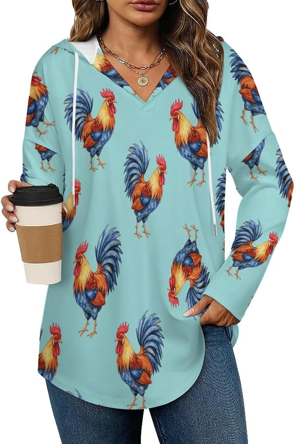 Women's V-Neck Hoodies Long Sleeve Pullover Sweatshirt with Drawstring, Loose Fit Lightweight Casual Top