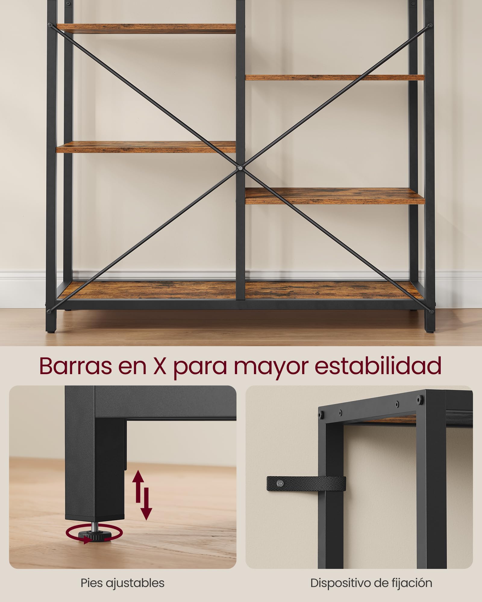 VASAGLE Librería de 5 Niveles, Biblioteca de Pie, Estantería de Almacenamiento, para Salón, Baño, Cocina, Pasillo, Montaje Simple, Marrón Rústico y Negro LLS155B01