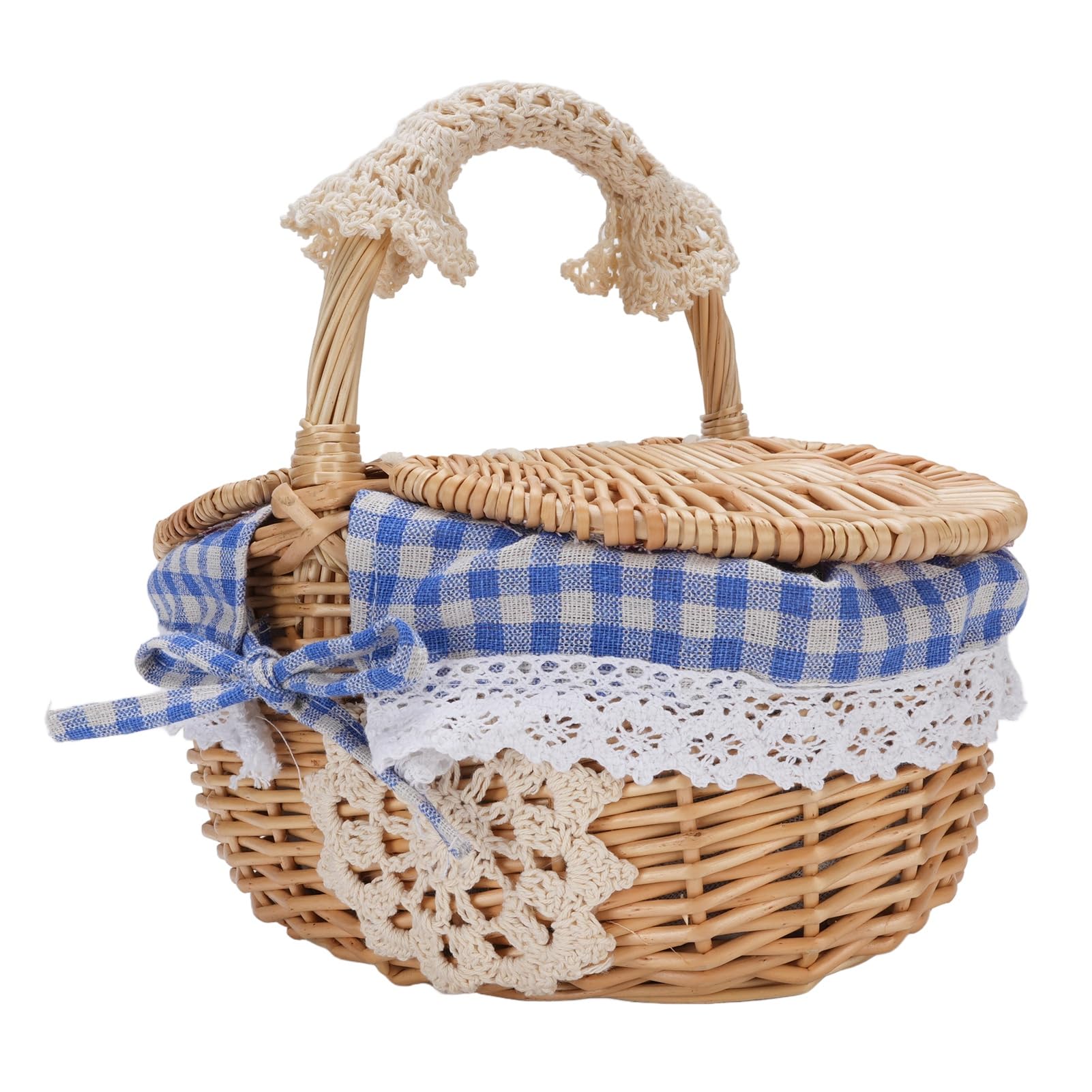 Panier de Pique-Nique en Osier avec Couvercle et Poignée, Panier de Pique-Nique pour la Cueillette de Légumes de Camping, Couvercle à Double Ouverture et Doublure Amovible (Plaid Bleu)