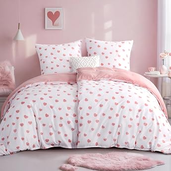 RUIKASI Bed Linen 135 x 200 cm 4-Piece with Hearts - White Pink Duvet Covers 135 x 200 cm Set of 2 135 x 200 cm Microfibre Bedding Sets with Zip Soft and Non-Iron