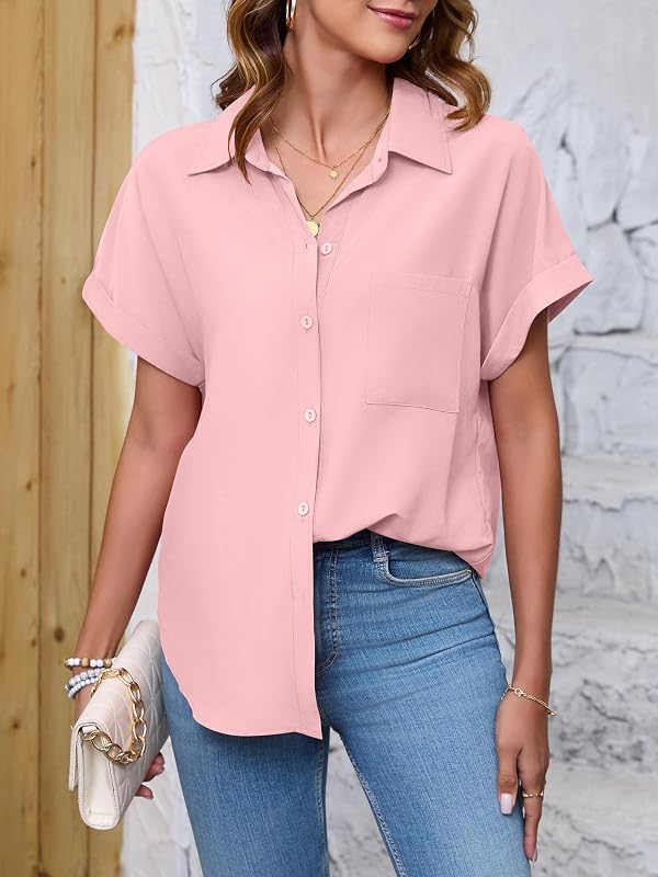 Poplab Button Down Shirts for Women Short Sleeve Business Casual Tops Work Blouses Pink S by Poplab - Used condition - Image 3