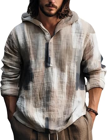 Mens Long Sleeve Bohemian Shirt Ethnic Geometric Pattern Button Down Fit Lightweight Top for Beach Vacation Summer