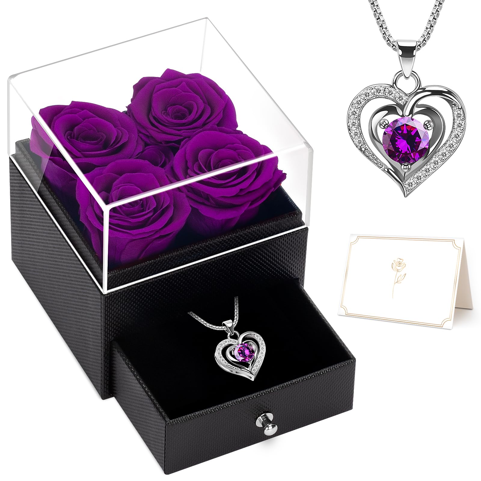 Preserved Real Rose with Necklace Gift for Women, Birthday Flower Gifts for Wife Girlfriend Mom Grandma, Anniversary Rose Gift Ideas, Eternal Rose in Jewelry Box, Christmas Gifts for Her(Purple),