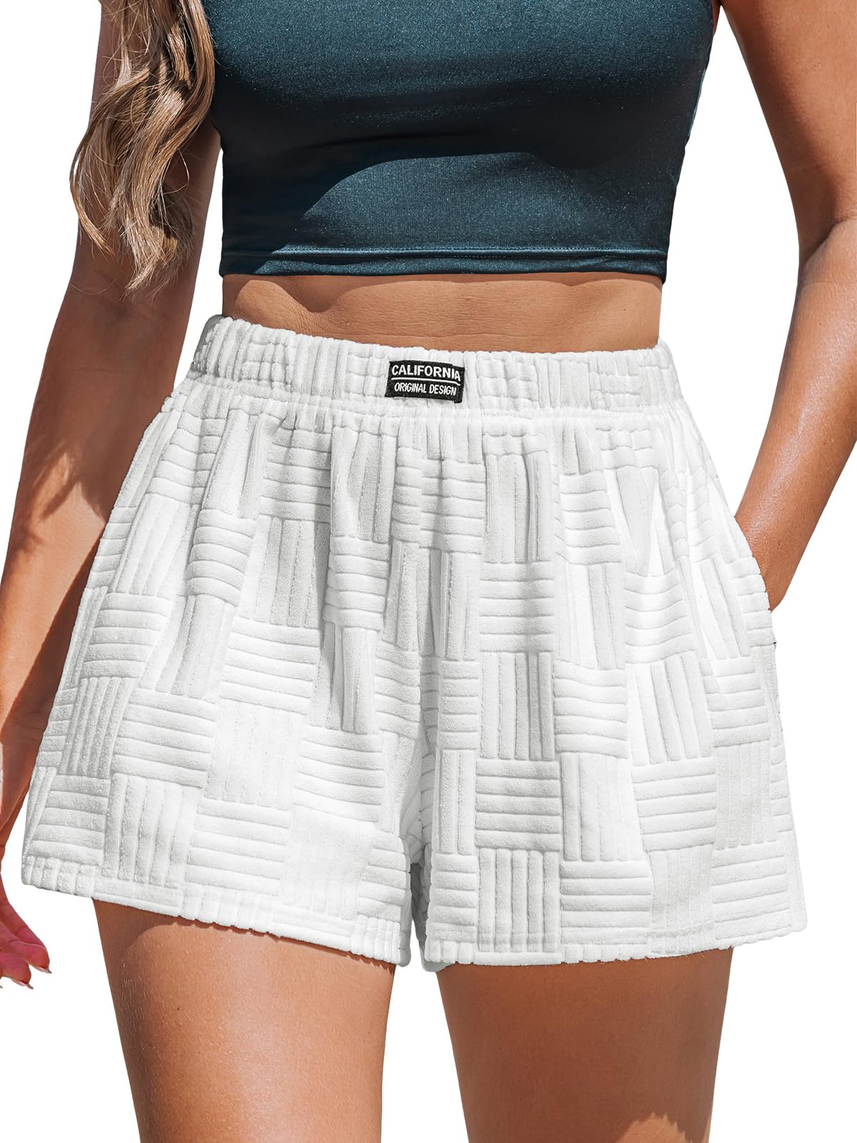 CUPSHE Damen Shorts Sommer Waffelpiqué Kurze Hose Elastischer Bund mit Taschen High Waist Strandshorts Weich Pyjamahose Kurz Struktur Stoffhose