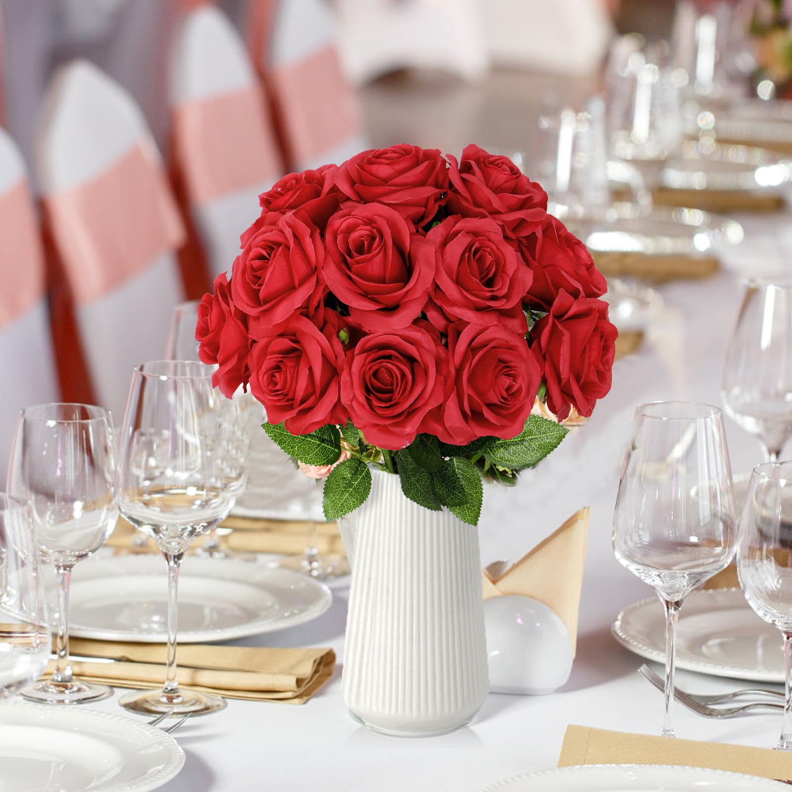 12 Fleurs Artificielles Roses Rouges En Soie - Tige Longue 53cm | Bouquet Mariage Et Décoration Réaliste
