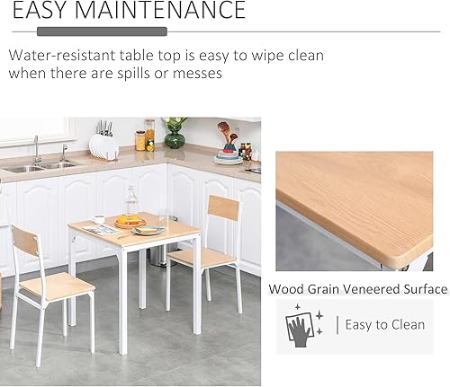 Miniatura 5 de HOMCOM Juego de mesa de comedor cuadrada de madera de 3 piezas con 1 mesa y 2 sillas y marco de metal resistente para espacios pequeños, color blanco