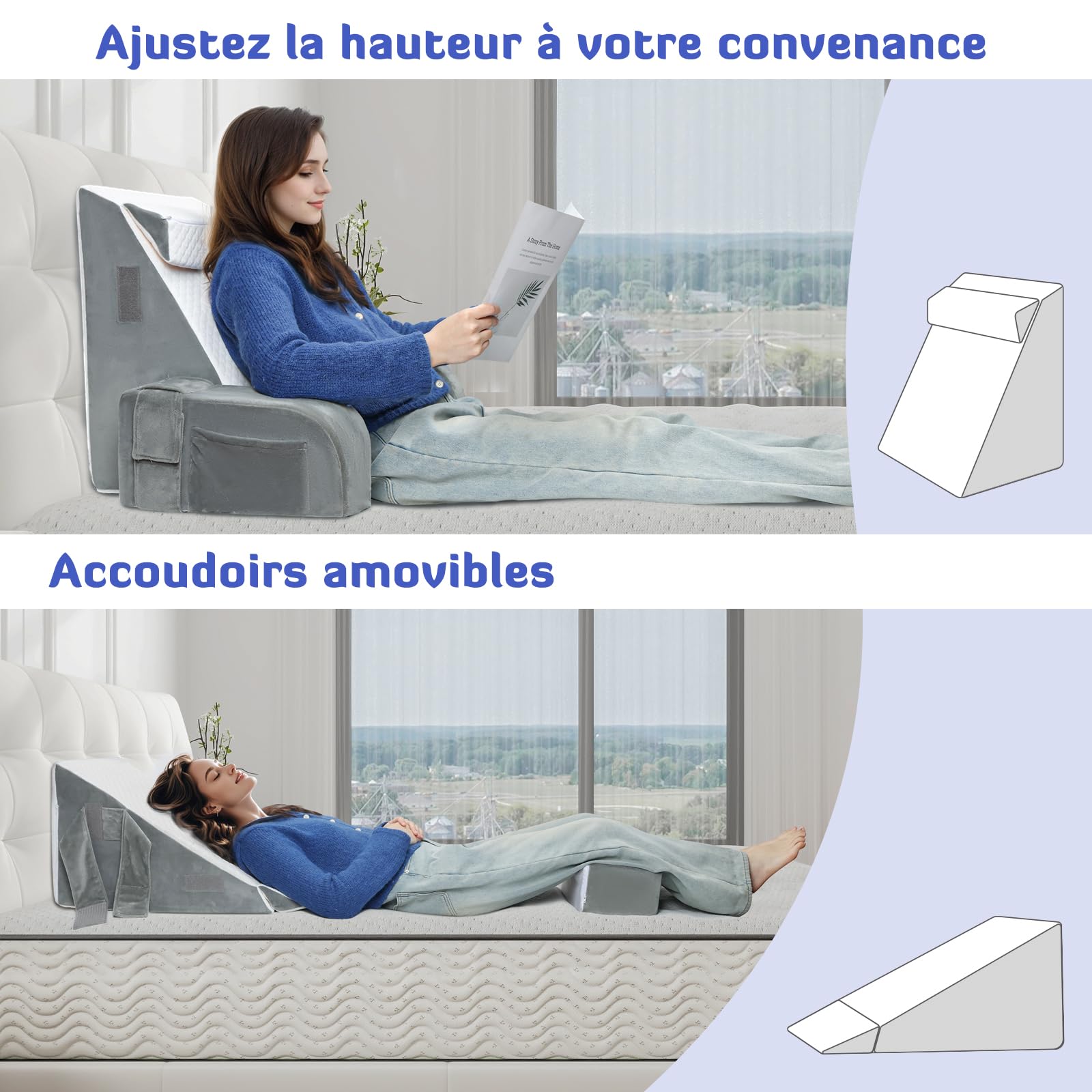 INFANZIA Coussin de Lecture Ergonomique - Coussin Support Dorsale avec Oreiller Cervical et Accoudoirs Amovibles, Oreiller de Dos pour Adulte pour se Détendre, Regarder la télé, Housse Lavable