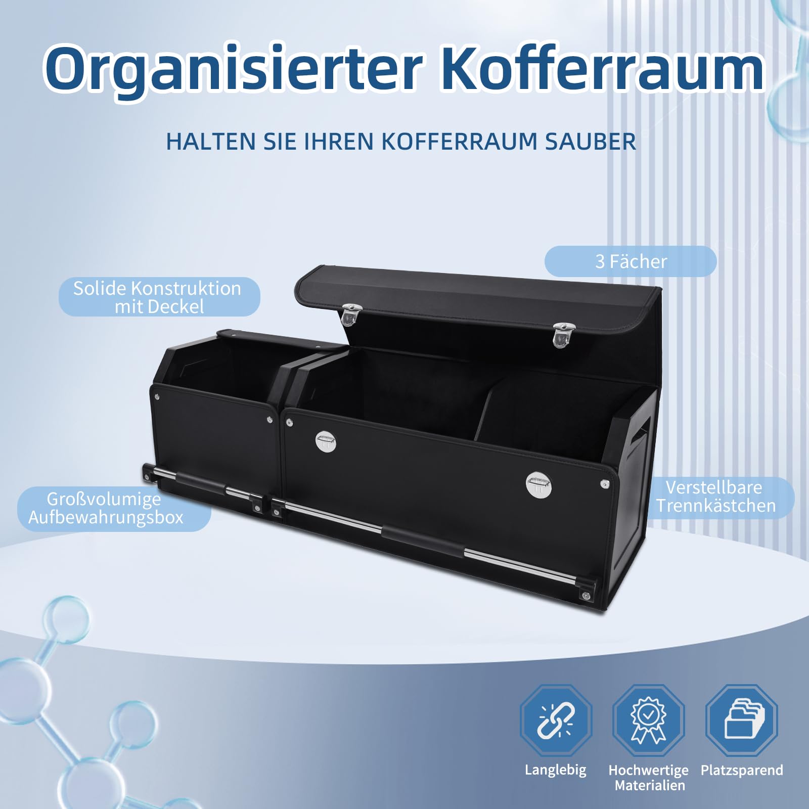 Auto Kofferraum Organizer mit Deckel – 2-in-1 Modulares XXL-Kofferraumtasche, Multifunktionaler Aufbewahrungsbox aus Leder, ABS-verstärkter Rahmen & Push-Pull-Griff (104x29x31cm, Schwarz)