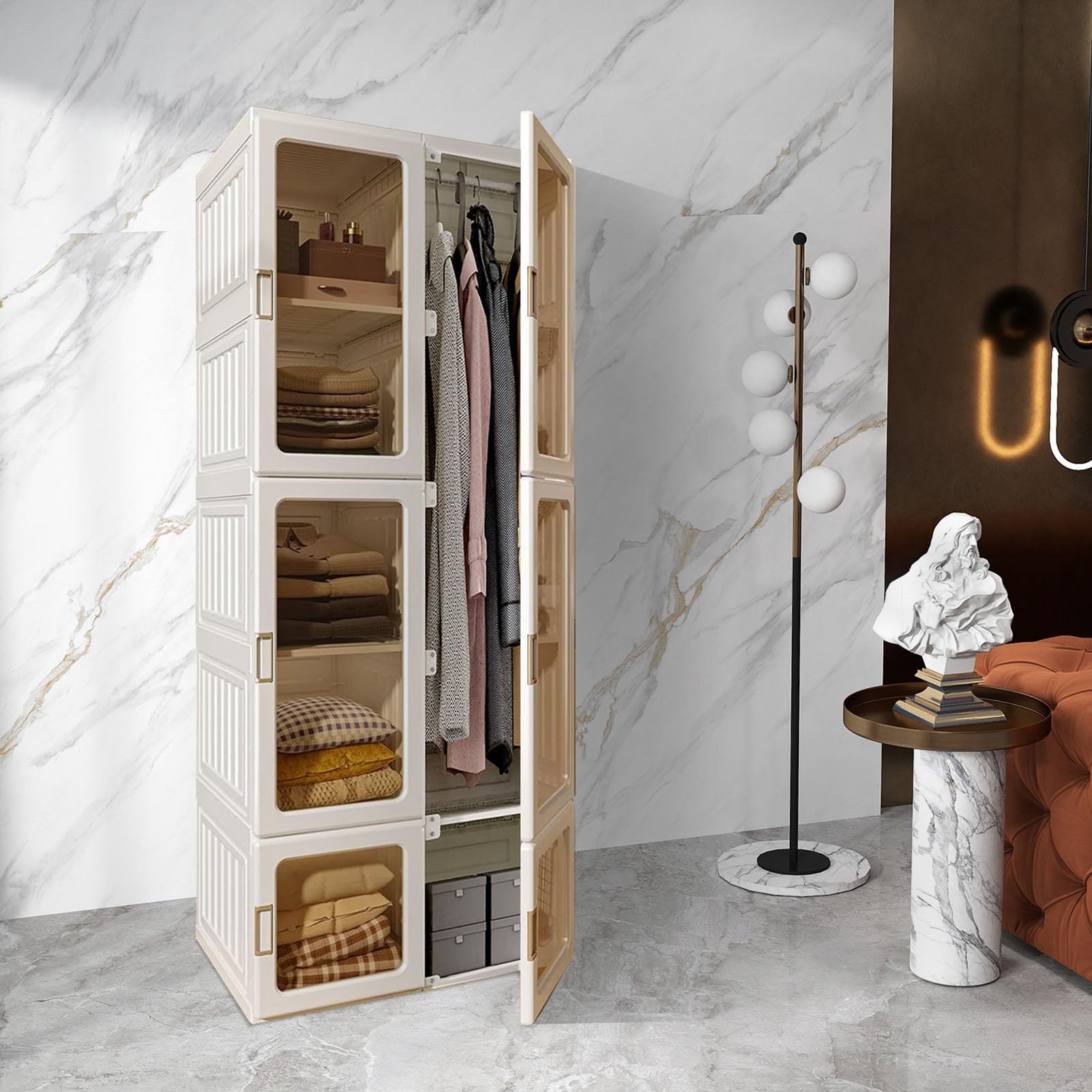 Generisch Kleiderschrank Faltschrank, Tragbarer Schlafzimmerschrank, 170x69x50 cm, Faltbarer Mehrzweckschrank mit magnetischen transparenten Türen, 1 Aufhängestange, für Wohnzimmer Schlafzimmer, weiß