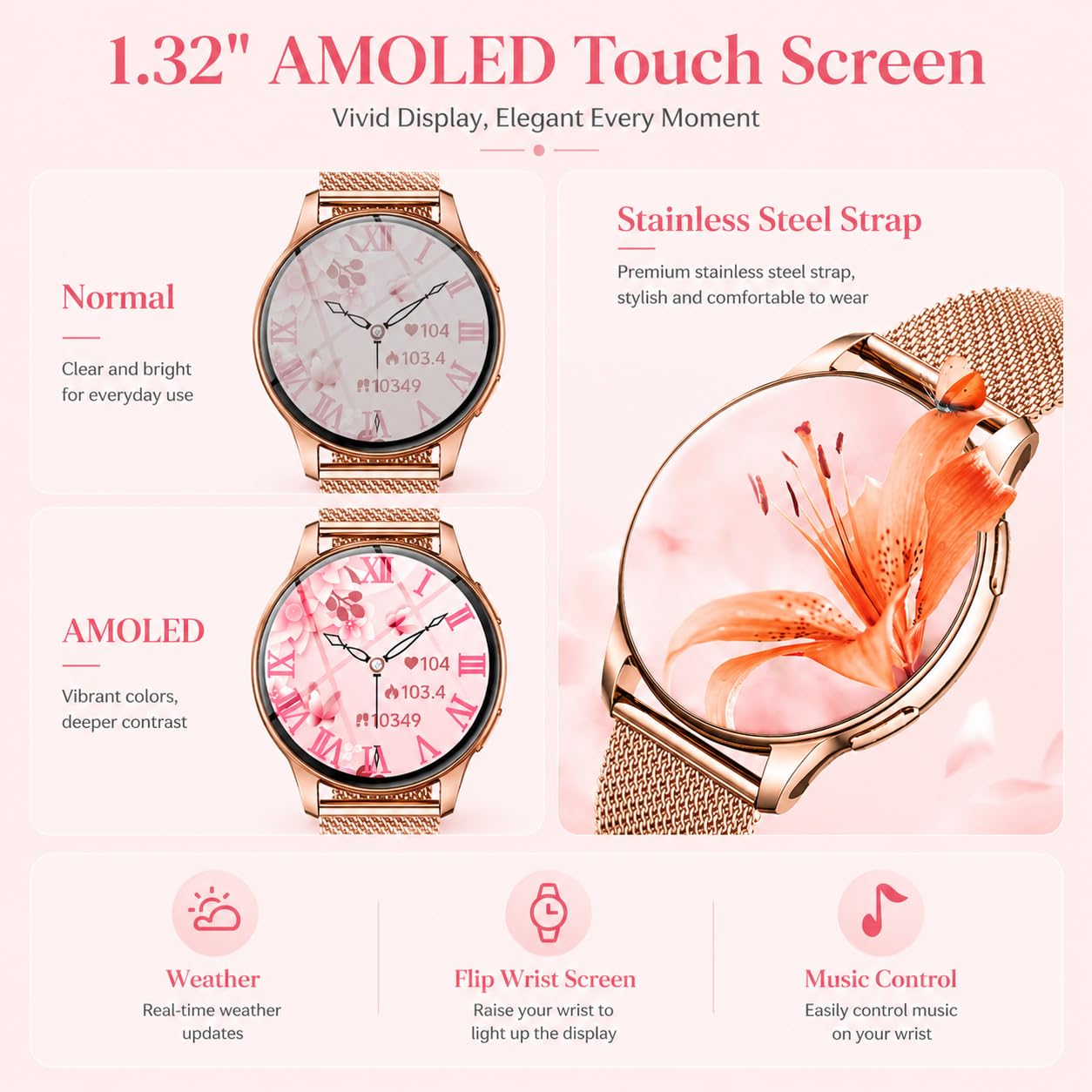 Orologio Smartwatch Donna con Chiamate Bluetooth: 1.32" AMOLED Smart Watch da Cardiofrequenzimetro Pressione Sanguigna Sonno Sport Contapassi Impermeabile IP68 Fitness Watches per Android e IOS