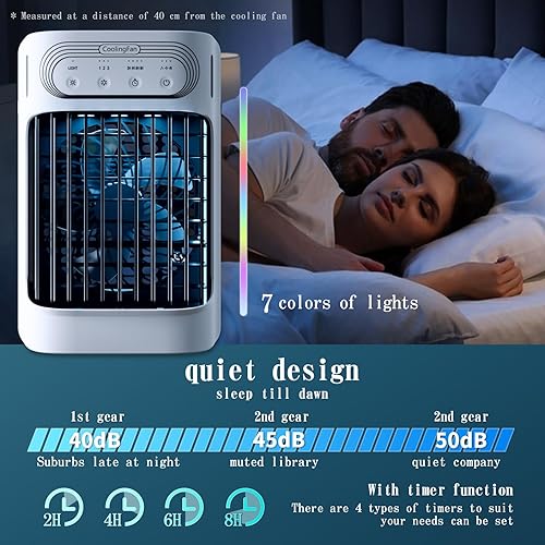 Miniatura 6 de Aire acondicionado portátil, mini aire acondicionado portátil 3 en 1, tanque de agua de 30.4 fl oz, 3 velocidades de viento, 7 luces LED,
