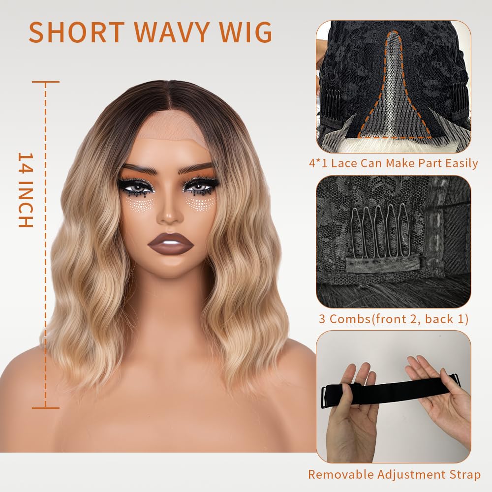 Short Wavy Bob Wig Synthetic Natural Lace Hairline High Temperature Resistant Fiber Wigs Glueless Beginner Friendly Wear and Go Hair Wigs for Women Ombre Dark Brown to Blonde 14 Inch