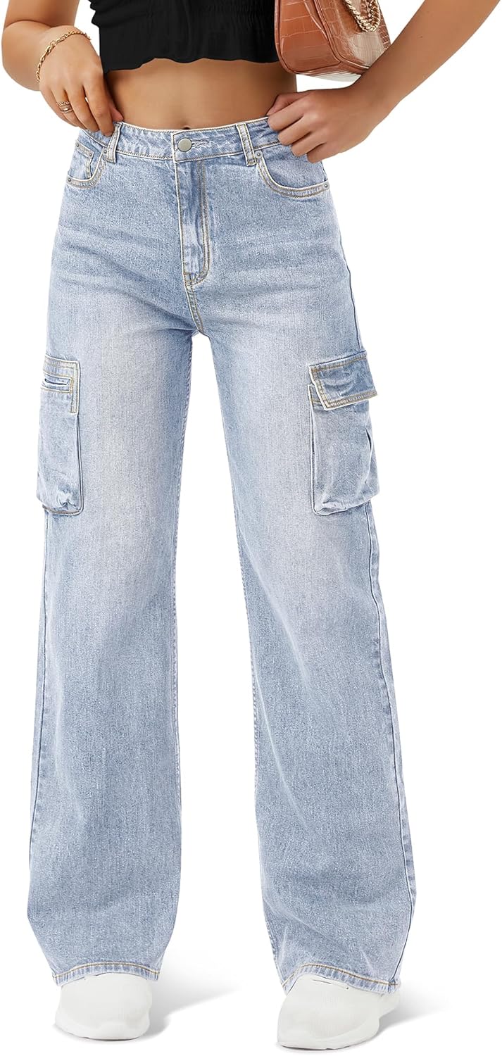 Women High Waisted Cargo Jean for Women with 6 Pockets Straight Wide Leg Jean Casual Baggy Pants