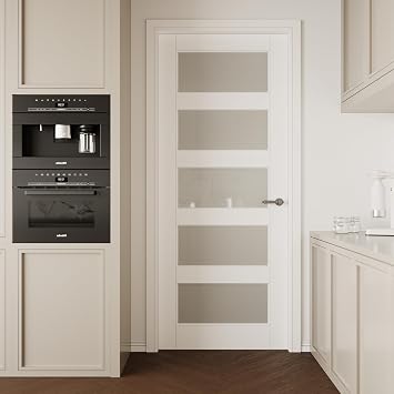 36x80 Interior Door Slab,5-Lite Frosted Glass Doors,Pantry Door,Room Doors | Pre-Built Solid Core Door Panel for Barn Door,Pocket,French Doors,Bathroom,Closet& Bedroom Door,White Prefinished& Paintable