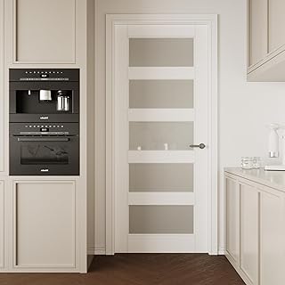 CRUTOP 32''x80'' Pre-Built Frosted Glass Interior Door Slab Shaker, for Barn Door, Pocket Doors, French Doors, for Pantry, Bedroom, Closet, Laundry & Bathroom, White Prefinish&Paintable