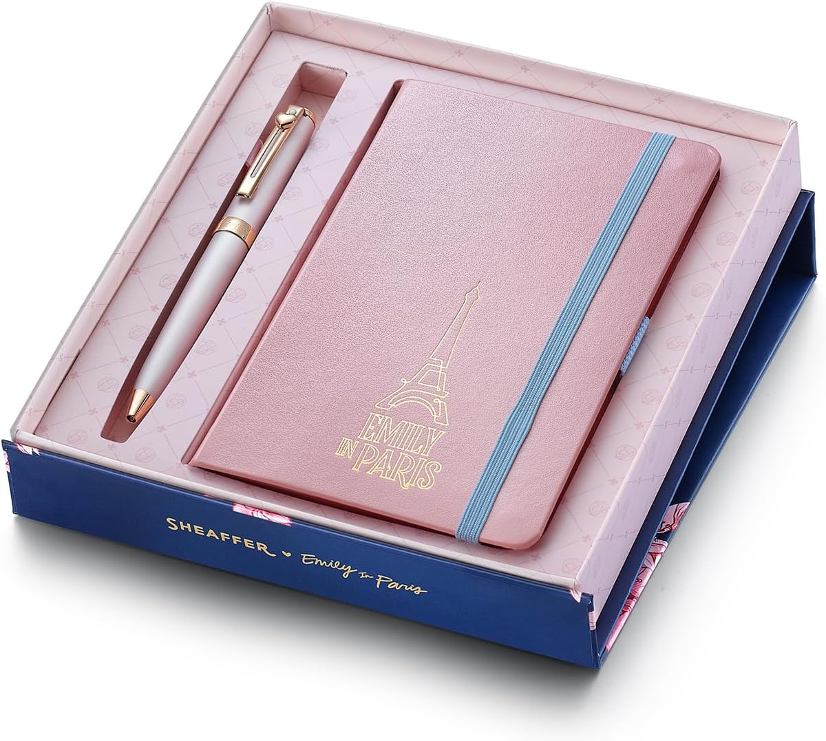 Sheaffer Emily in Paris Prelude Mini 9810 Ballpoint Pen, Pastel Pink with PVD Rose Gold Trims, Heart Emblem and Crystal (Ballpoint Pen and Hardbound Notebook Gift Set)