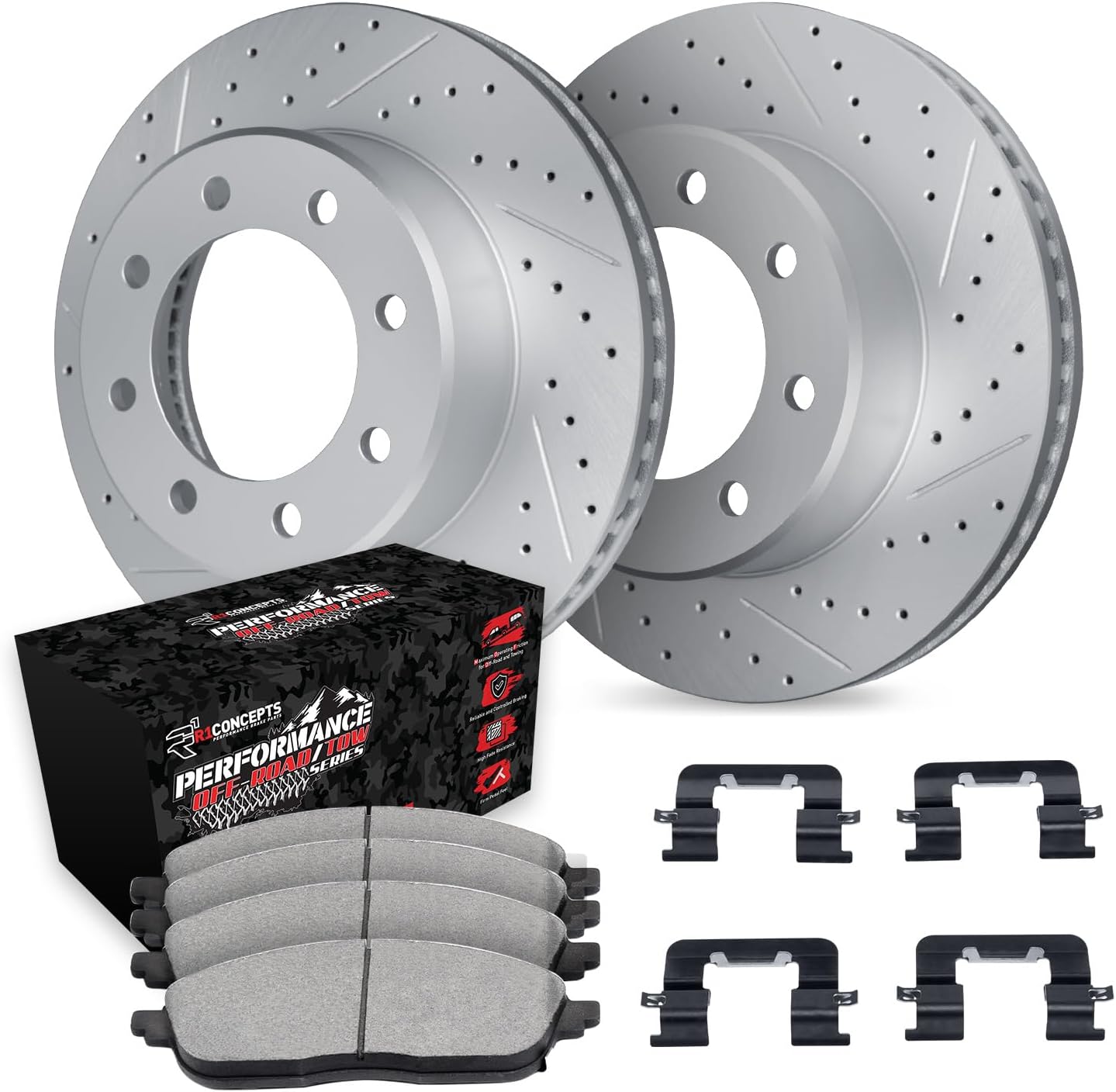 R1 Concepts Front Brake Kit For 2012-2022 Ford F-250, F-350, 2013-2016 Ford F-450 Super Duty| Drilled Slotted Brake Rotors| Off-Road/Tow Brake Pads and Rotors Kit| Hardware included