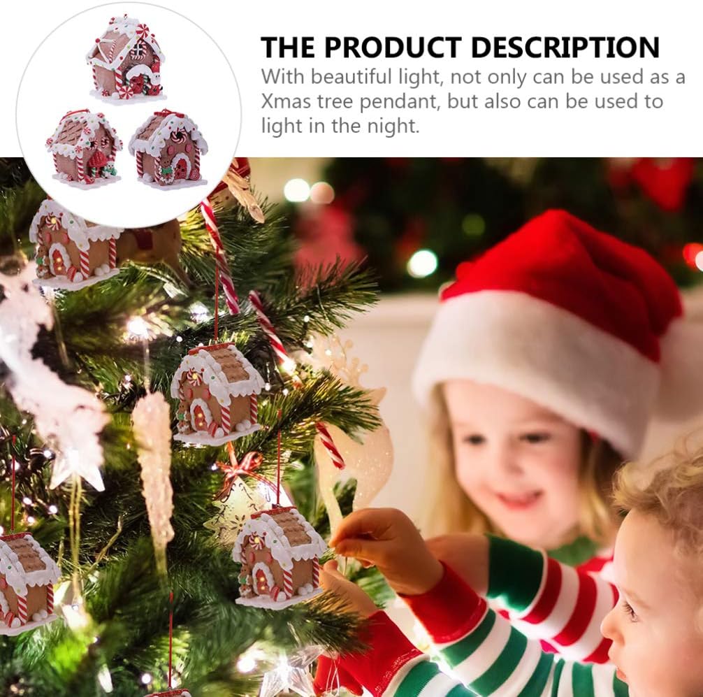 3Pcs Christmas House Ornaments, Lighted Christmas Hanging Decorations Santa Claus Snowman Gingerbread House Ornament for Tree (Style)