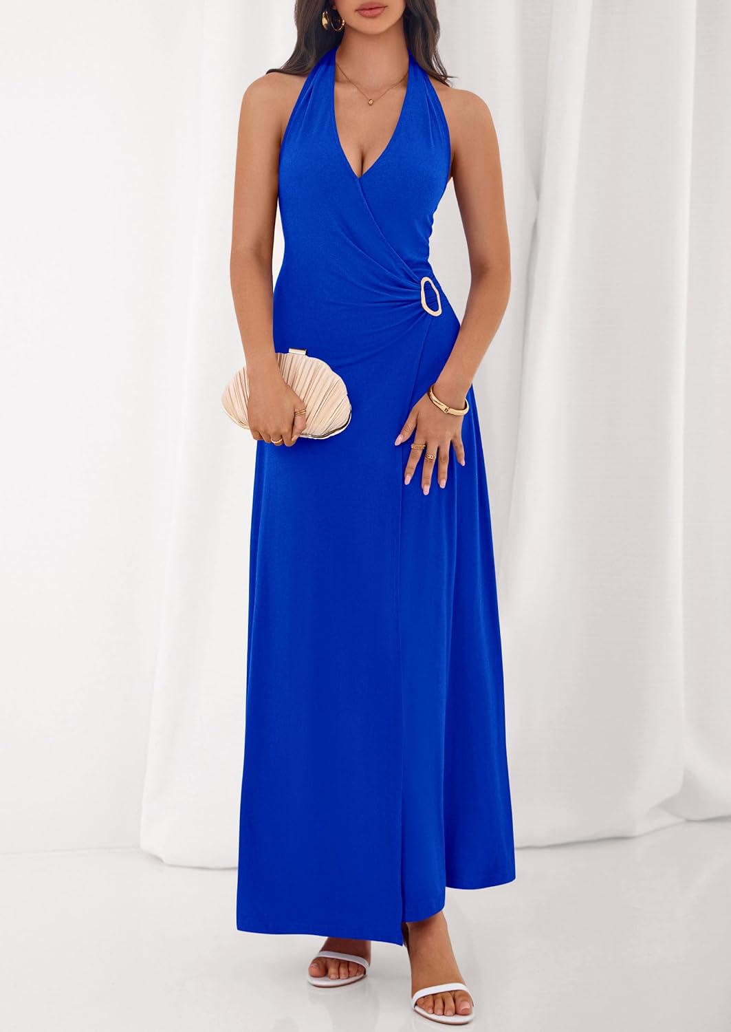 PRETTYGARDEN Halter Dresses for Women 2026 Elegant Classy Spring V Neck Tie Backless Summer Wedding Guest Cocktail Midi Dress - Image 2