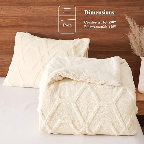 Miniatura 7 de PHF - Juego de edredón cálido de vellón Sherpa, suave ropa de cama 3D capitonada y mullida para invierno, 3 piezas, Queen, crema, 1 edredón (90" x