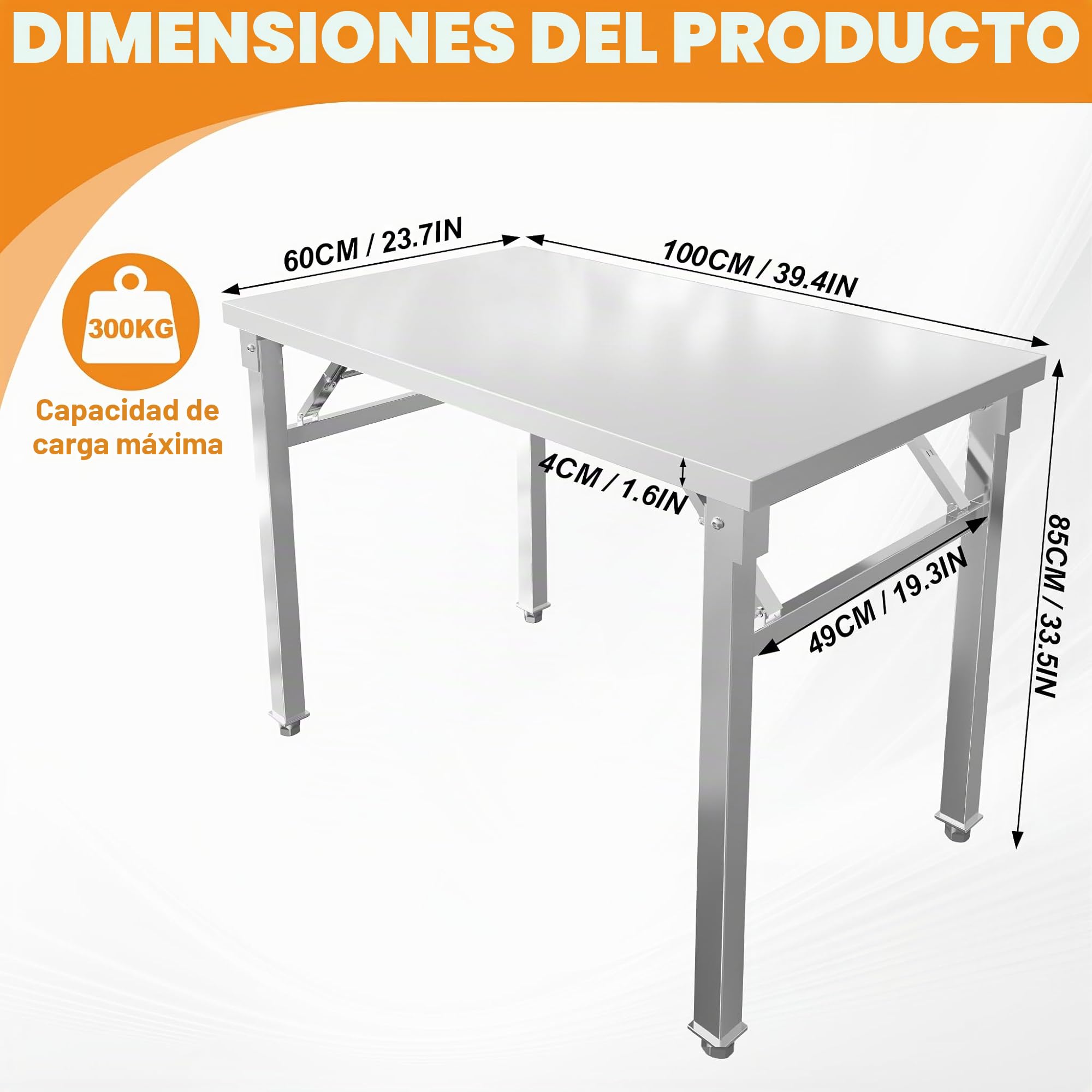 FIVMEN Mesa de trabajo plegable de acero inoxidable para cocina, bar, restaurante, hasta 300 kg, 100 x 60 x 85 cm
