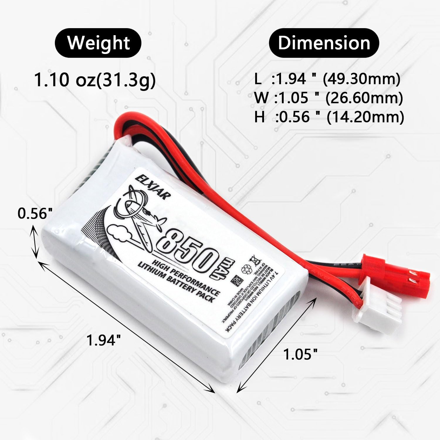 (4-Pack) 7.4V 850mAh 20C LiPo Battery with JST Plug for UDI U829A, U829X, MJX X600 RC Car, Boat, Drone