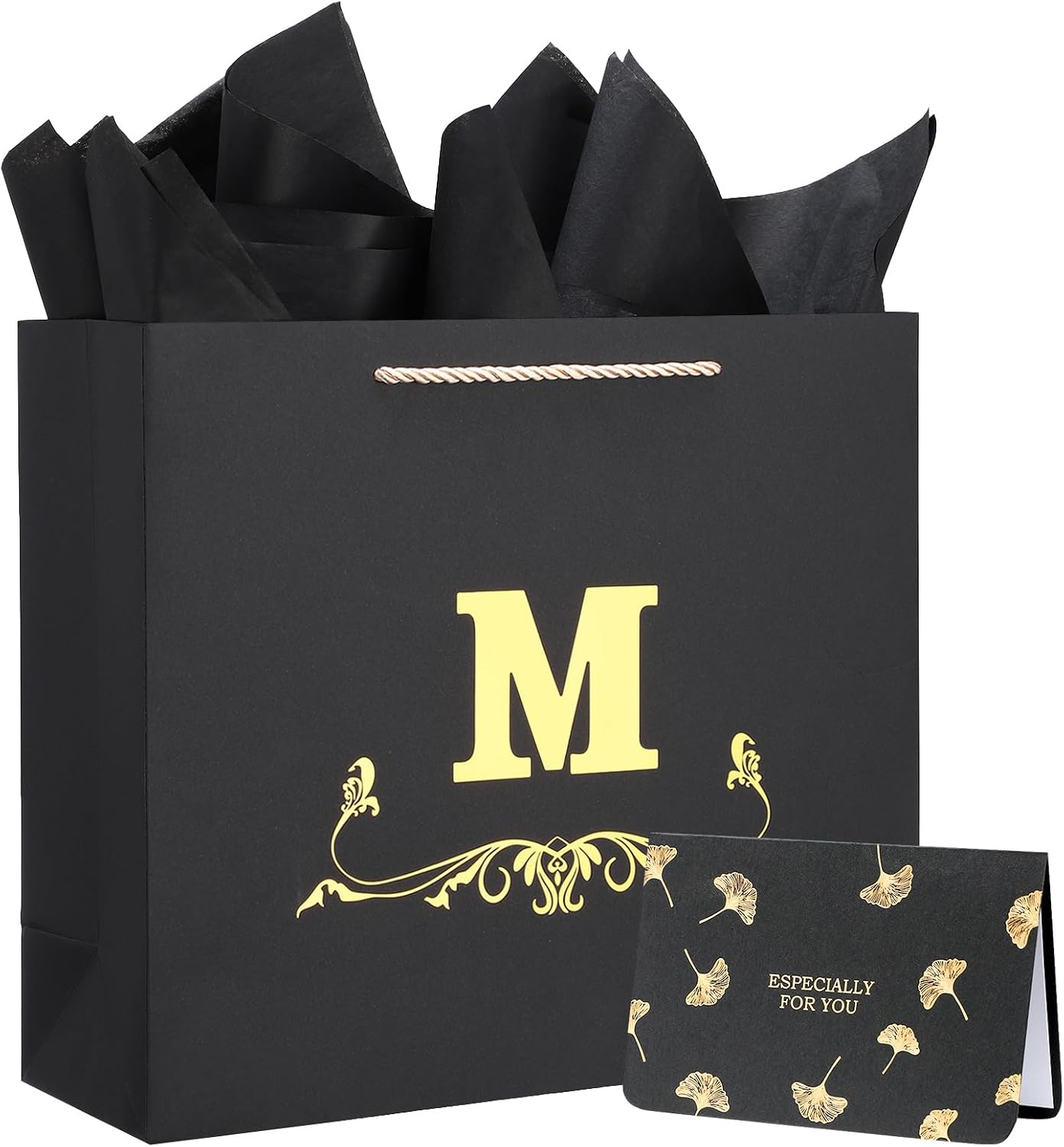 EUSOAR Black Gift Bag, 1pcs 12.5"x4.5"x11" Personalized Large Monogrammed Gift Paper Bags with Handles Tissue Paper and Card, Birthday Gift Bag for Men Women Party Anniversary Wedding Bridal-Letter M