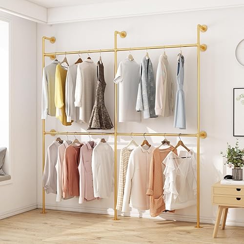 Miniatura 10 de ORSENIGO Perchero industrial para ropa de tubería, resistente para colgar ropa, estante de ropa montado en la pared para boutique en el hogar