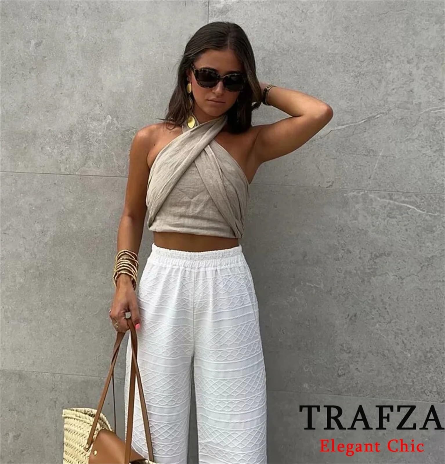 Top con Espalda Cruzada Conjunto de Camisola Cruzada Informal Sexy for Mujer, Conjunto pantalón Playa for Vacaciones Primavera y Verano, Top con Cuello Halter(Gray Set,S)