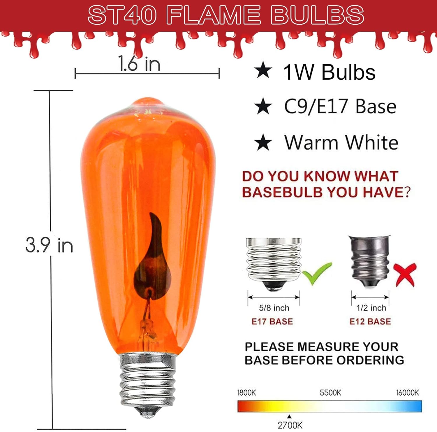 Halloween Orange Flicker Flame Light Bulbs, ST40 Replacement Bulbs with Realistic Orange Red Flame Edison Bulbs for Christmas Outdoor Indoor String Lights, 1 Watt E17 Intermediate Base, 10 Pack