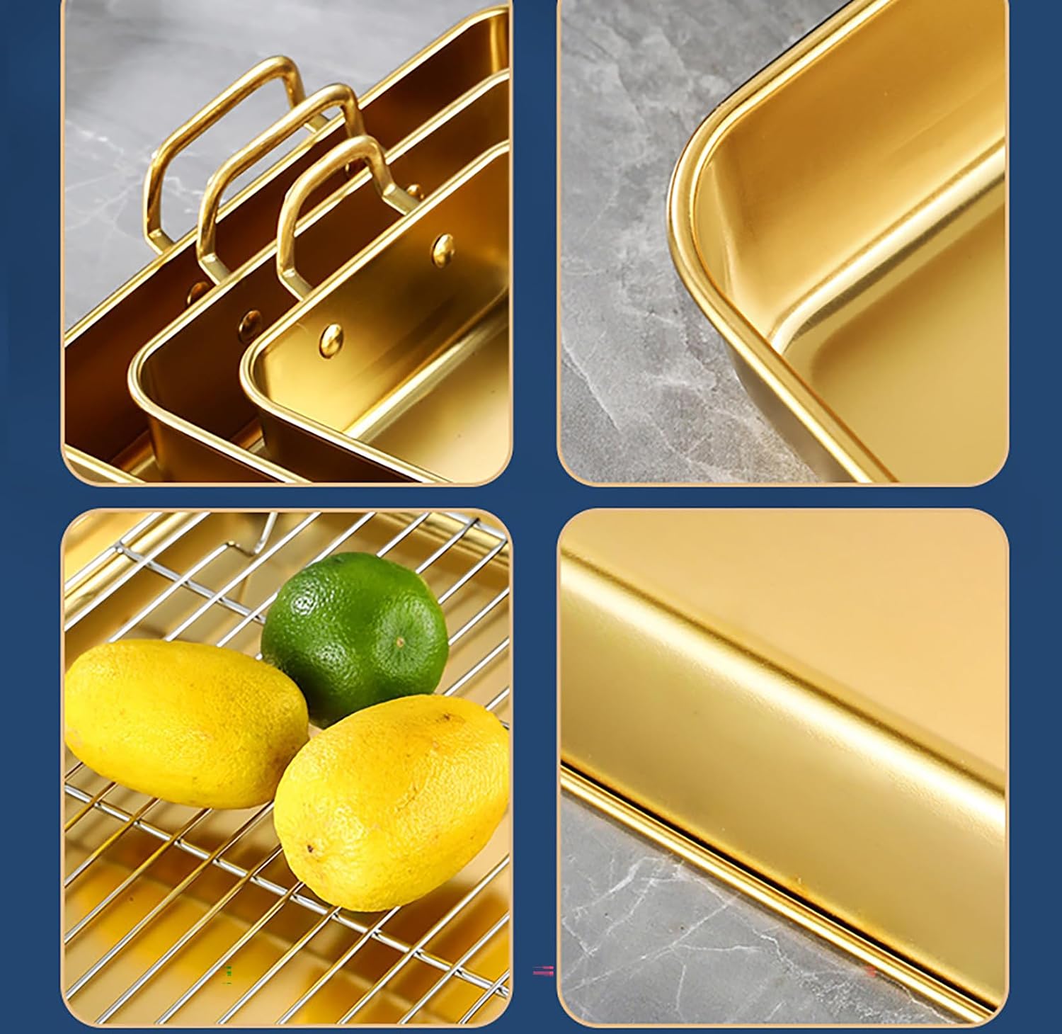 Pan with Cooling Rack, 10.3 Inch x 10.3 Inch x 2 Inch Gold Stainless Steel Tray with Handles for Chicken (Gold)