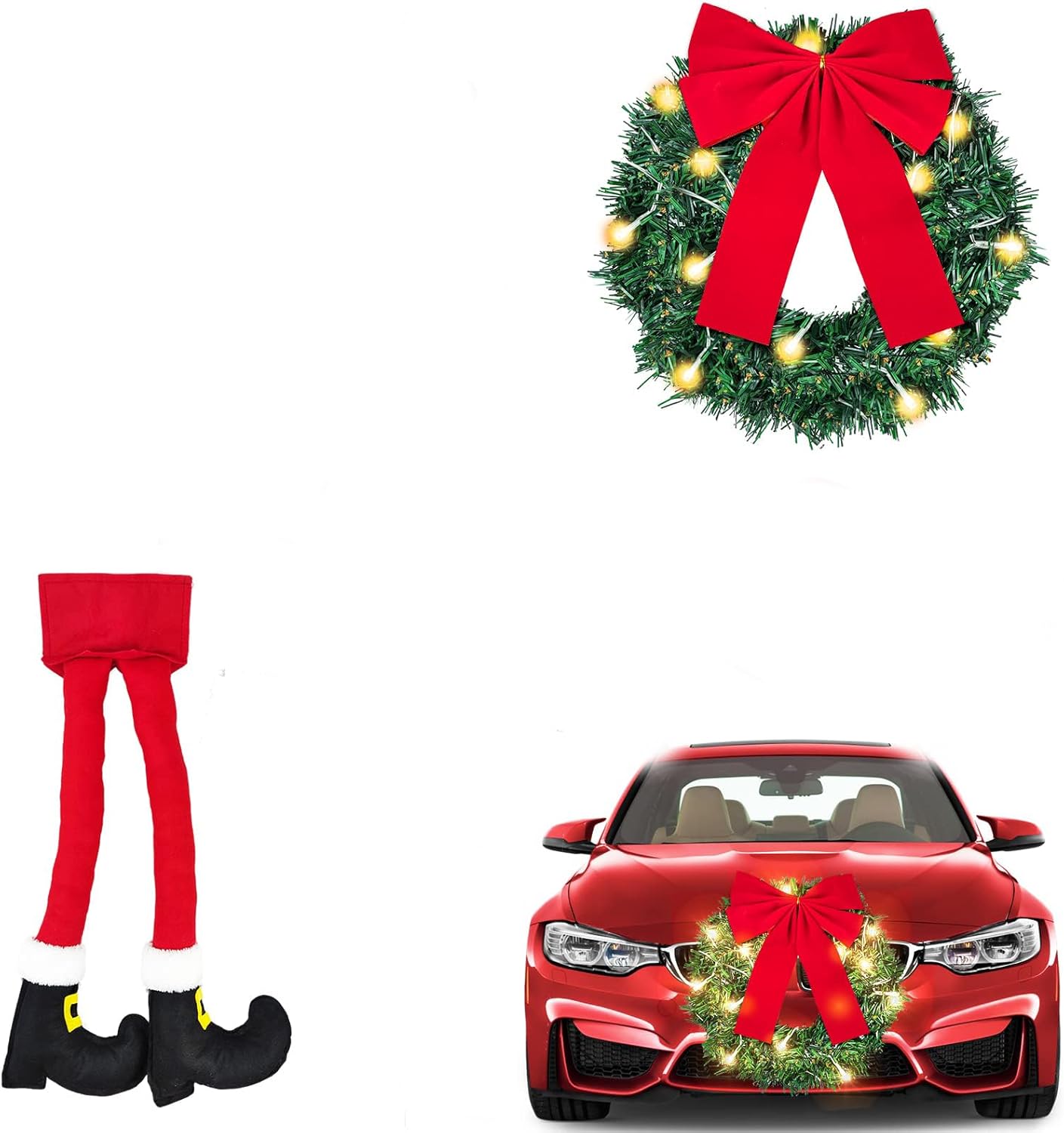 YIXIN 6 Piece Car Reindeer Antlers Kit Christmas Ornament with LED Lights Hanging Santa Legs and Christmas Wreath Auto Accessories Christmas Car Decorations (red-6pcs)